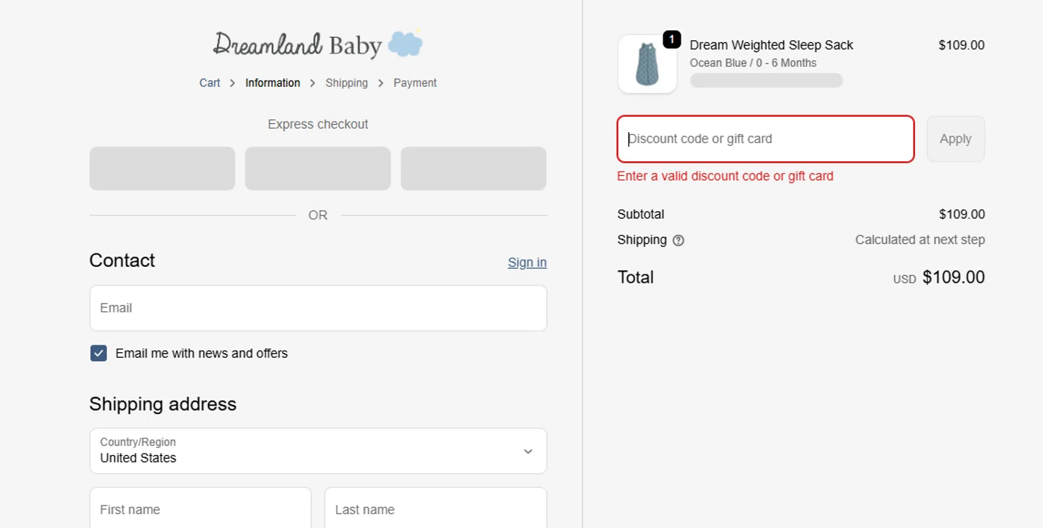 Dreamland Baby discount code screenshot showing code SIMPLYCODES applied at Dreamland Baby checkout page. Uploaded by SimplyCodes community member BYEEEE on Nov 7, 2025