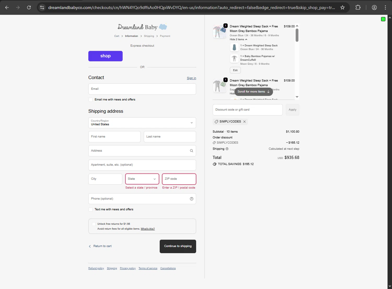 Dreamland Baby checkout page showing Dreamland Baby discount code box | Screenshot taken by SimplyCodes community member on Oct 26, 2025