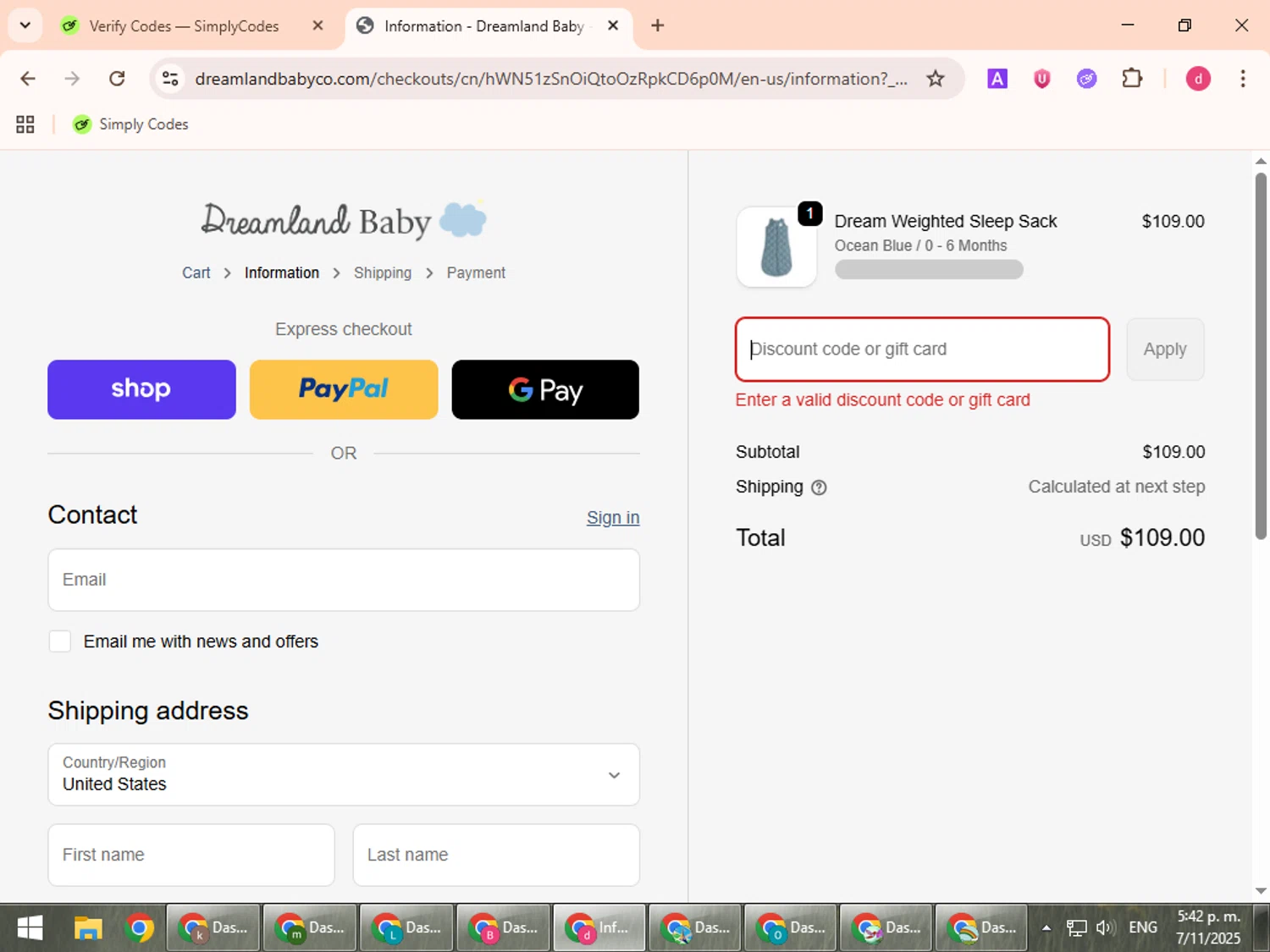 Dreamland Baby discount code screenshot showing code DONTPAYFULLDLB applied at Dreamland Baby checkout page. Uploaded by SimplyCodes community member BudgetVoyager5452 on Nov 7, 2025