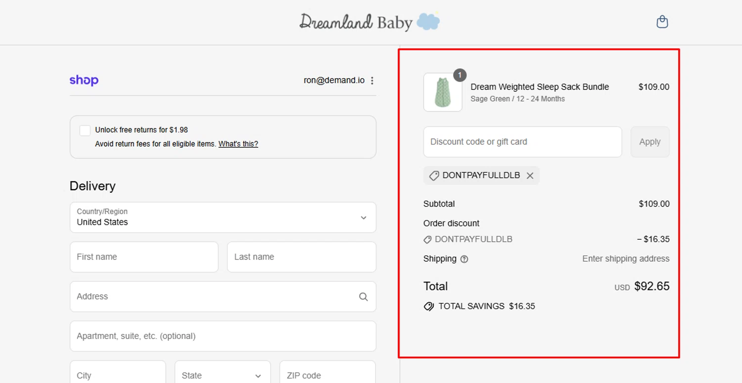 Dreamland Baby discount code screenshot showing code DONTPAYFULLDLB applied at Dreamland Baby checkout page. Uploaded by SimplyCodes community member Swiftdealz on Sep 6, 2025