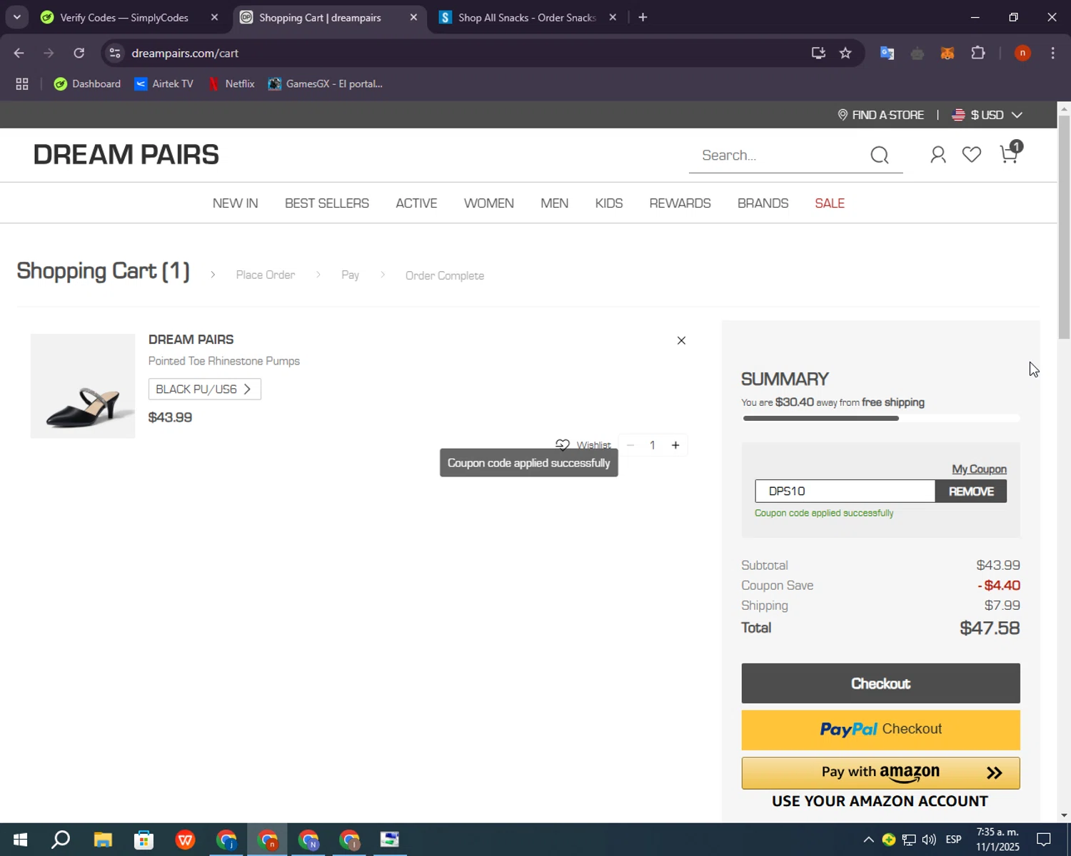 Dream Pairs Shoes promo code screenshot showing code DPS10 applied at Dream Pairs Shoes checkout page. Uploaded by SimplyCodes community member BudgetShopper182 on Jan 11, 2025