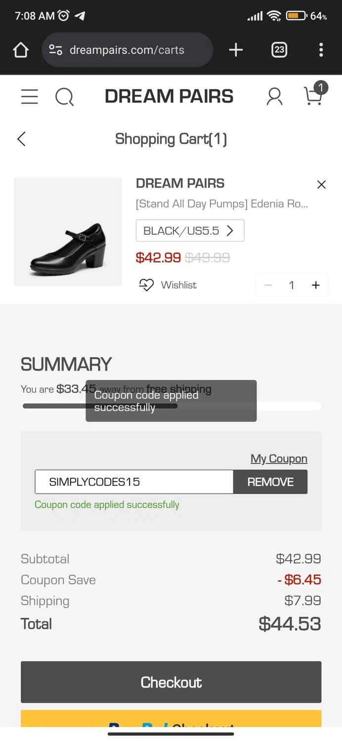 Dream Pairs Shoes promo code screenshot showing code SIMPLYCODES15 applied at Dream Pairs Shoes checkout page. Uploaded by SimplyCodes community member Mortek on Feb 11, 2025