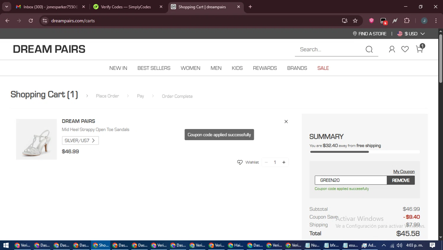 Dream Pairs Shoes promo code screenshot showing code GREEN20 applied at Dream Pairs Shoes checkout page. Uploaded by SimplyCodes community member ScanLynx8928 on Jun 27, 2025