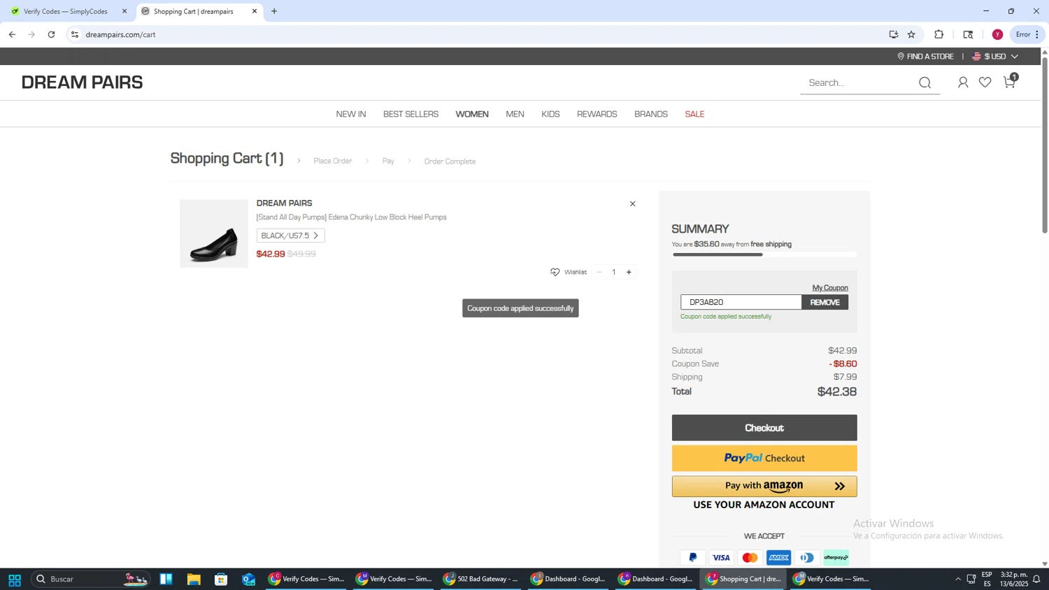 Dream Pairs Shoes promo code screenshot showing code DP3AB20 applied at Dream Pairs Shoes checkout page. Uploaded by SimplyCodes community member ThriftyWizard1508 on Jun 13, 2025