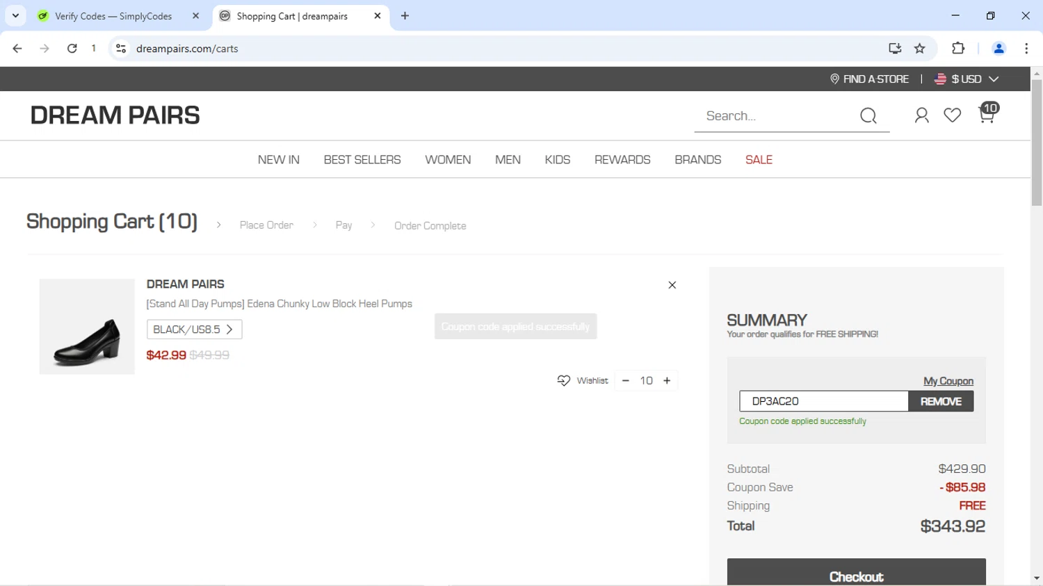 Dream Pairs Shoes promo code screenshot showing code DP3AC20 applied at Dream Pairs Shoes checkout page. Uploaded by SimplyCodes community member Dizlike on Jun 13, 2025