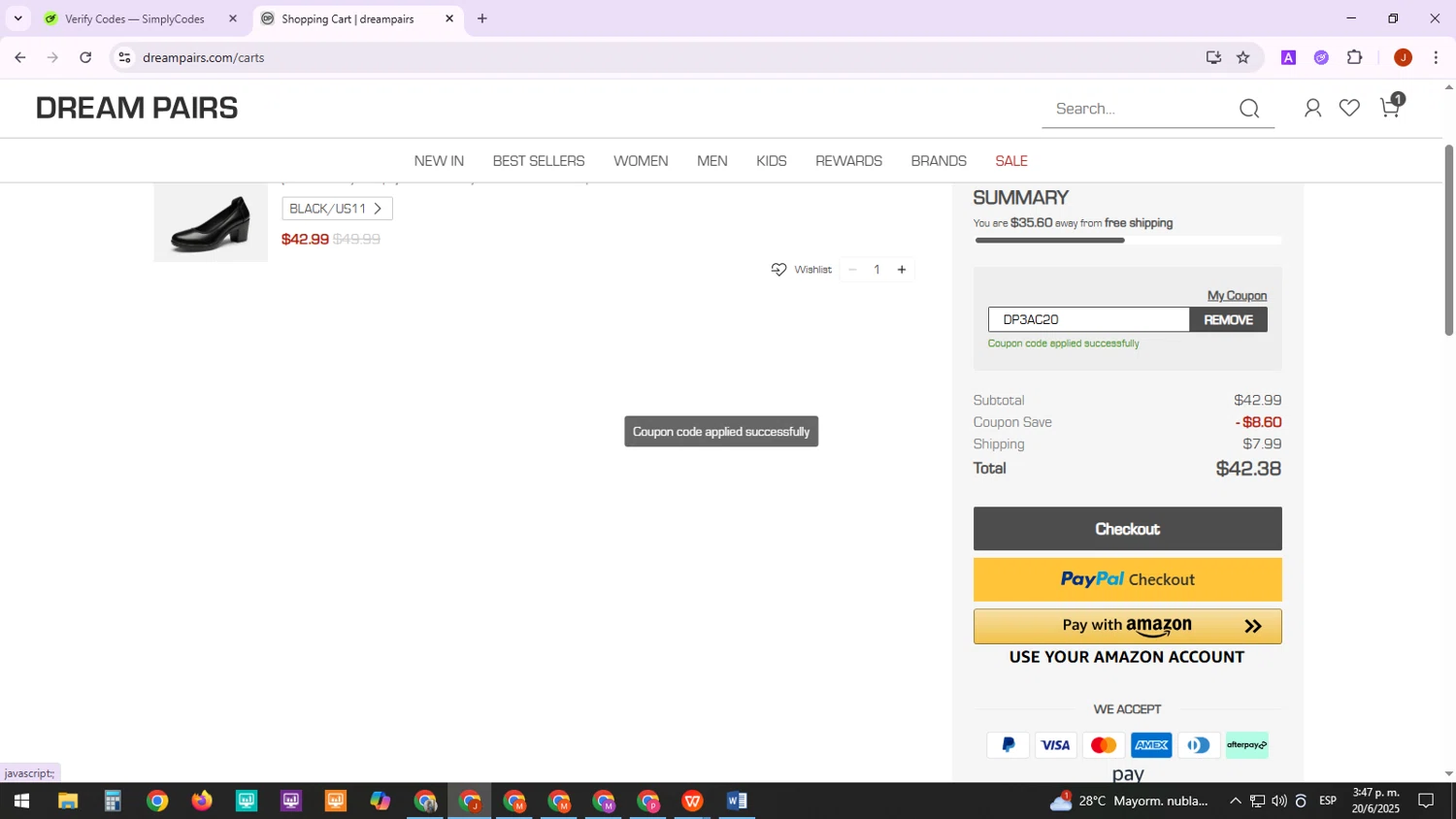 Dream Pairs Shoes promo code screenshot showing code DP3AC20 applied at Dream Pairs Shoes checkout page. Uploaded by SimplyCodes community member MarkZuckerberg on Jun 20, 2025