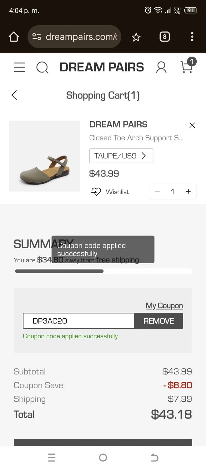 Dream Pairs Shoes promo code screenshot showing code DP3AC20 applied at Dream Pairs Shoes checkout page. Uploaded by SimplyCodes community member jorgeston on Jun 27, 2025