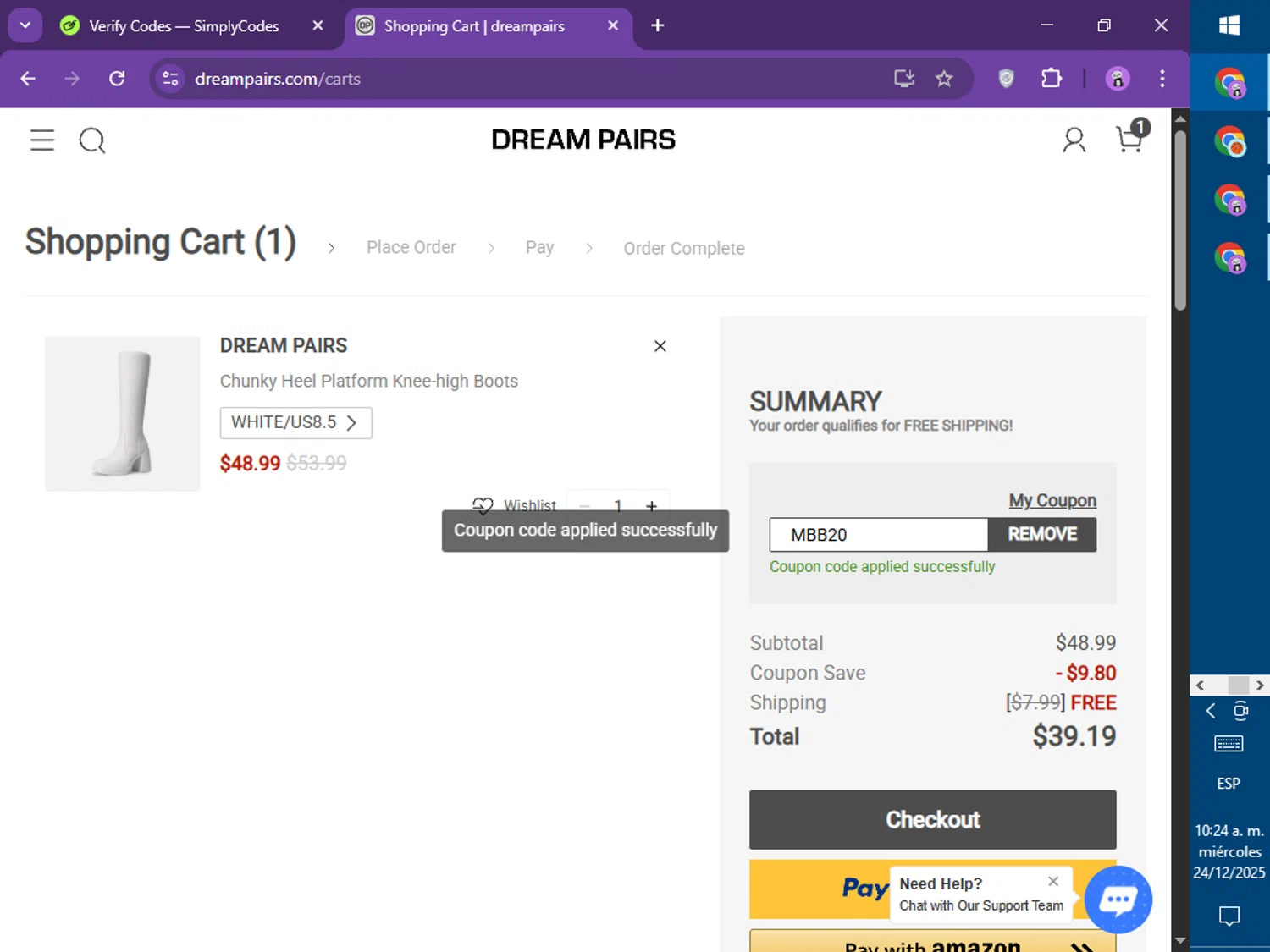 Dream Pairs Shoes checkout page showing Dream Pairs Shoes promo code box | Screenshot taken by SimplyCodes community member on Dec 24, 2025