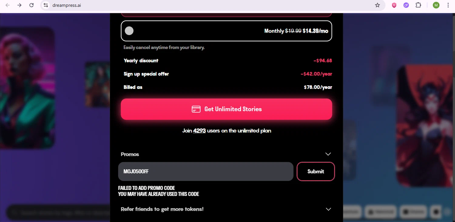 DreamPress promo code screenshot showing code MOJO50OFF applied at DreamPress checkout page. Uploaded by SimplyCodes community member SaleSentinel7319 on Aug 22, 2025