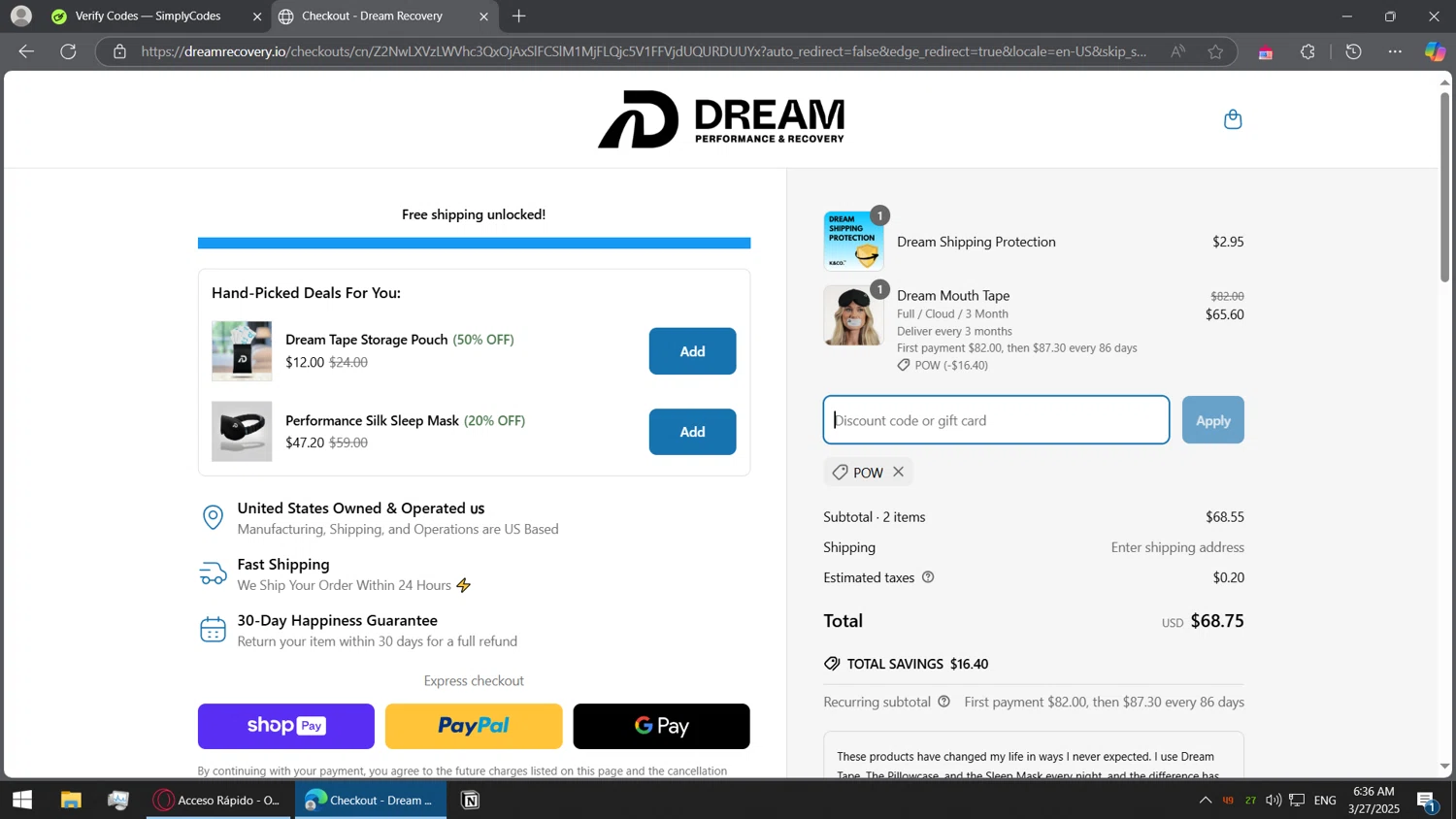 Dream Recovery discount code screenshot showing code POW applied at Dream Recovery checkout page. Uploaded by SimplyCodes community member BorgeZzz on Mar 27, 2025