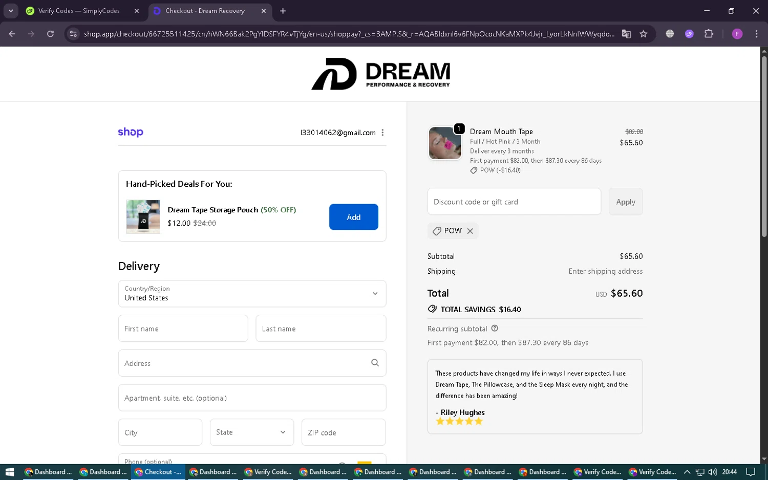 Dream Recovery discount code screenshot showing code POW applied at Dream Recovery checkout page. Uploaded by SimplyCodes community member CleverSpotter6431 on Dec 6, 2025