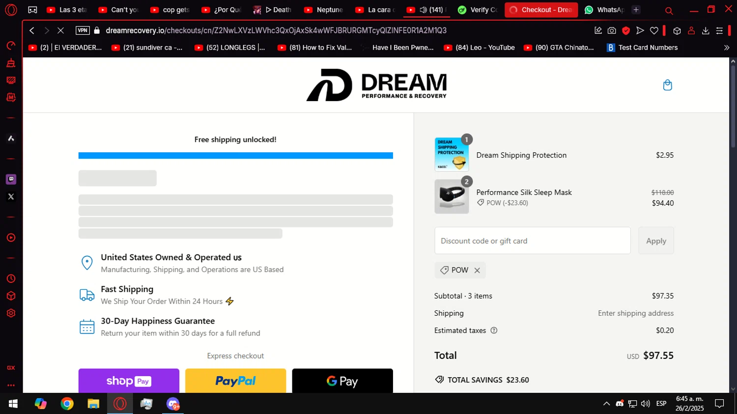 Dream Recovery discount code screenshot showing code POW applied at Dream Recovery checkout page. Uploaded by SimplyCodes community member Helpme on Feb 26, 2025