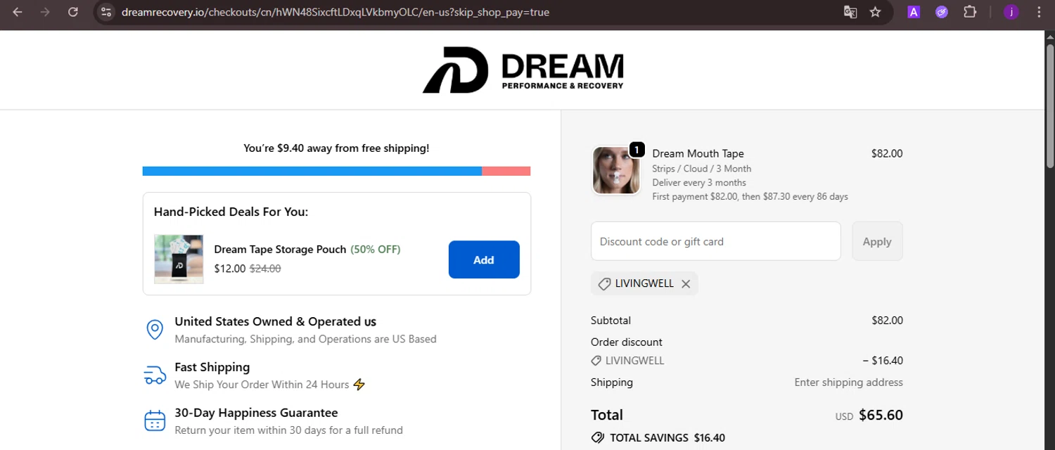 Dream Recovery discount code screenshot showing code LIVINGWELL applied at Dream Recovery checkout page. Uploaded by SimplyCodes community member CoinMaverick1452 on Oct 15, 2025