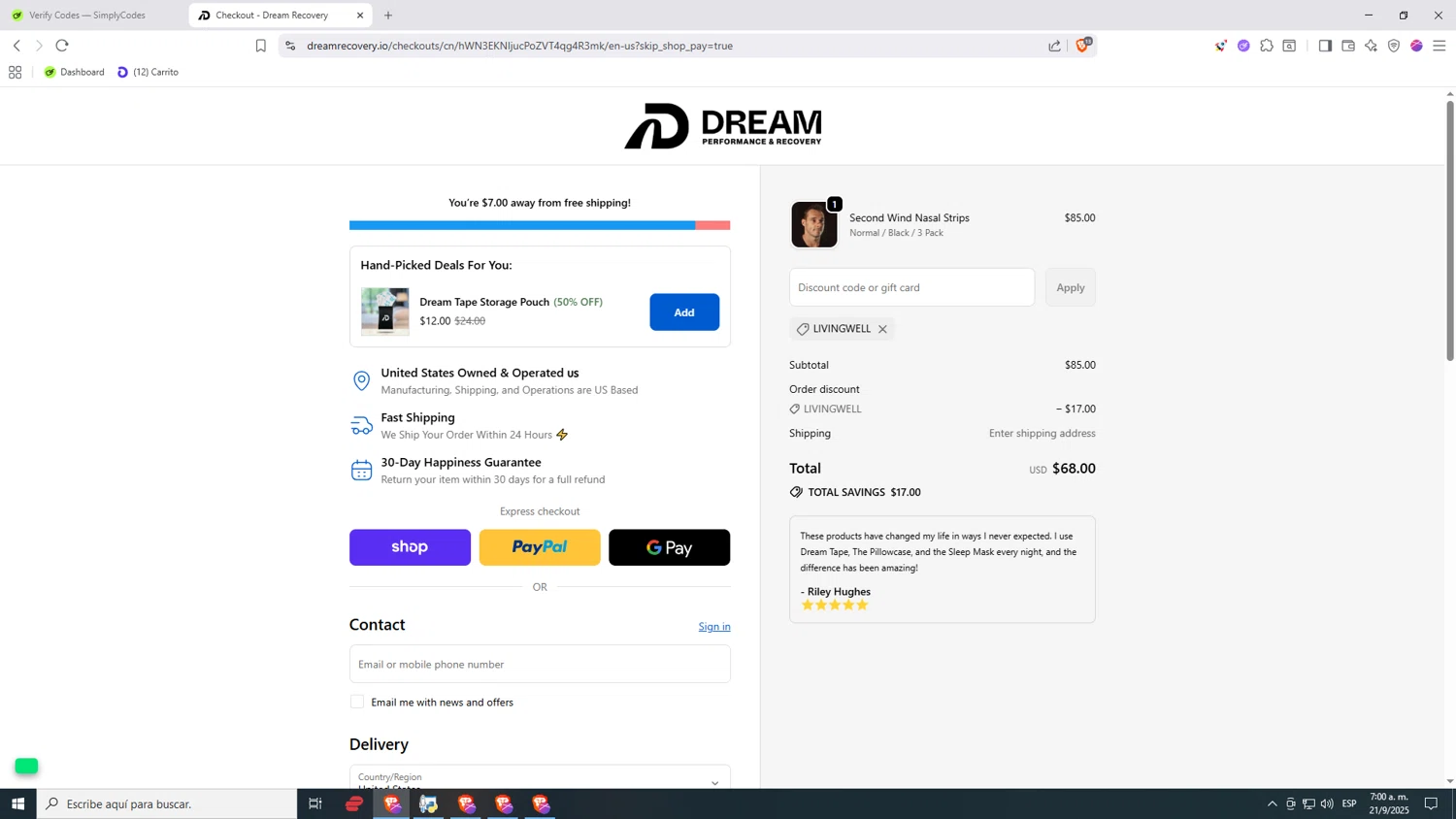 Dream Recovery discount code screenshot showing code LIVINGWELL applied at Dream Recovery checkout page. Uploaded by SimplyCodes community member Nezukooo on Sep 21, 2025