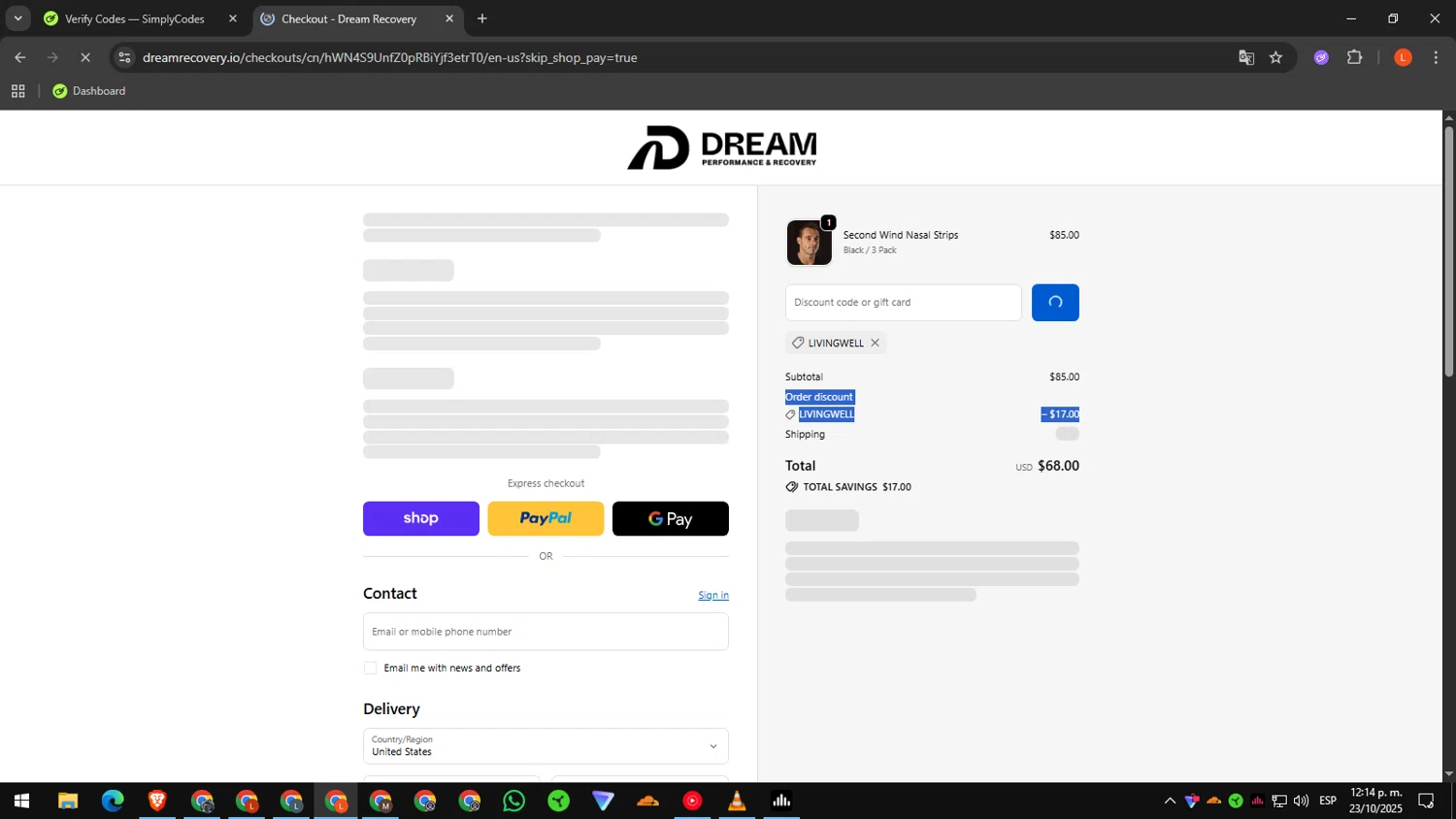 Dream Recovery discount code screenshot showing code LIVINGWELL applied at Dream Recovery checkout page. Uploaded by SimplyCodes community member luissdbv4 on Oct 23, 2025