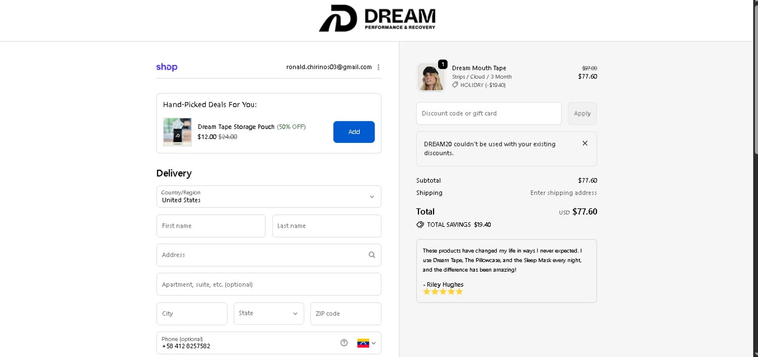 Dream Recovery discount code screenshot showing code DREAM20 applied at Dream Recovery checkout page. Uploaded by SimplyCodes community member CodeExpert7814 on Dec 24, 2025