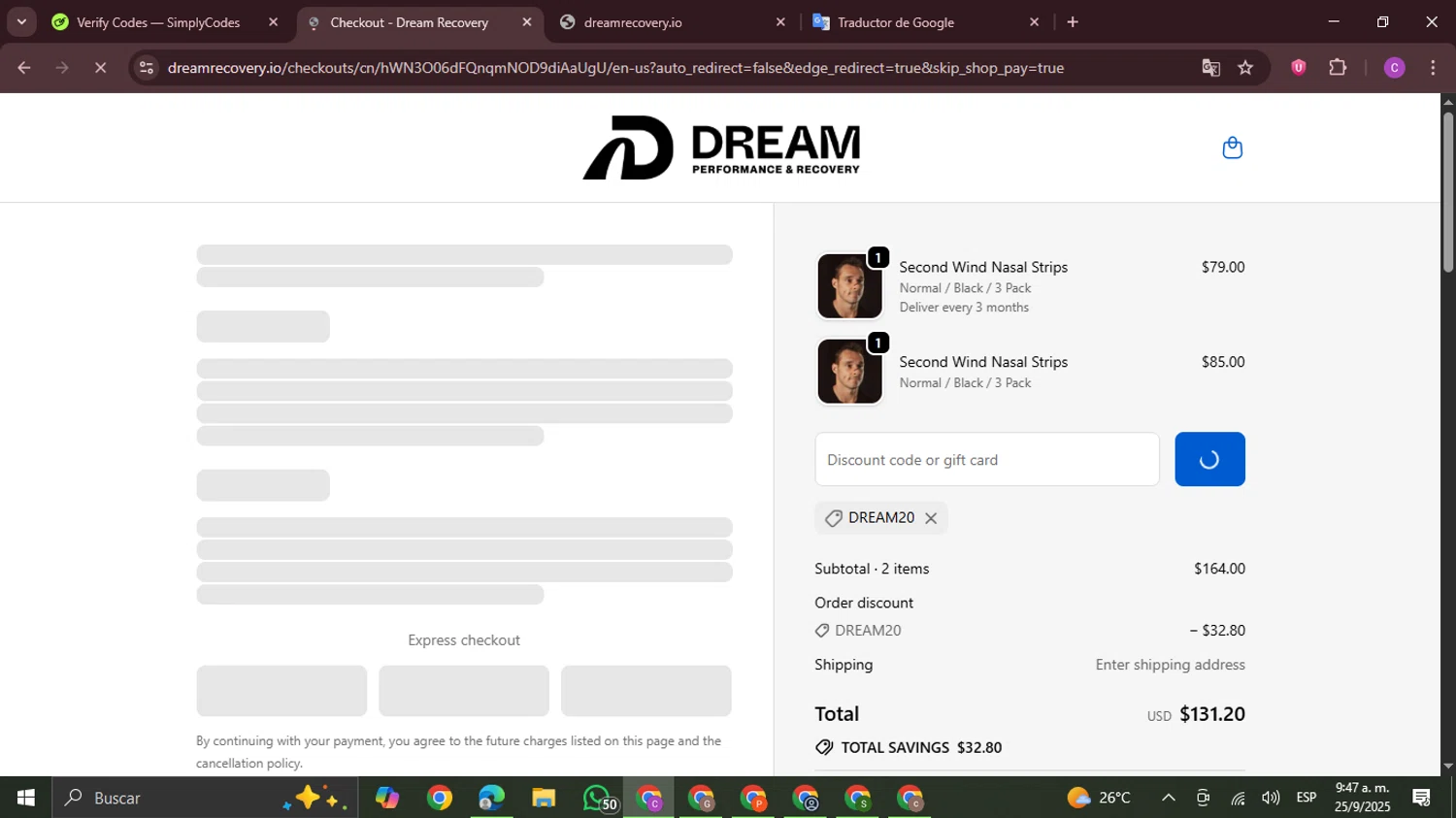 Dream Recovery discount code screenshot showing code DREAM20 applied at Dream Recovery checkout page. Uploaded by SimplyCodes community member FrugalPro5078 on Sep 25, 2025