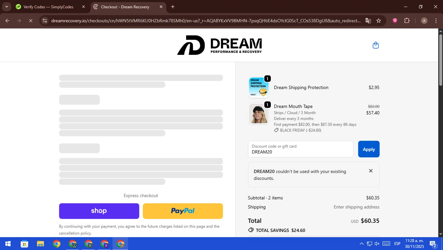 Dream Recovery discount code screenshot showing code DREAM20 applied at Dream Recovery checkout page. Uploaded by SimplyCodes community member ScanFalcon6148 on Nov 30, 2025