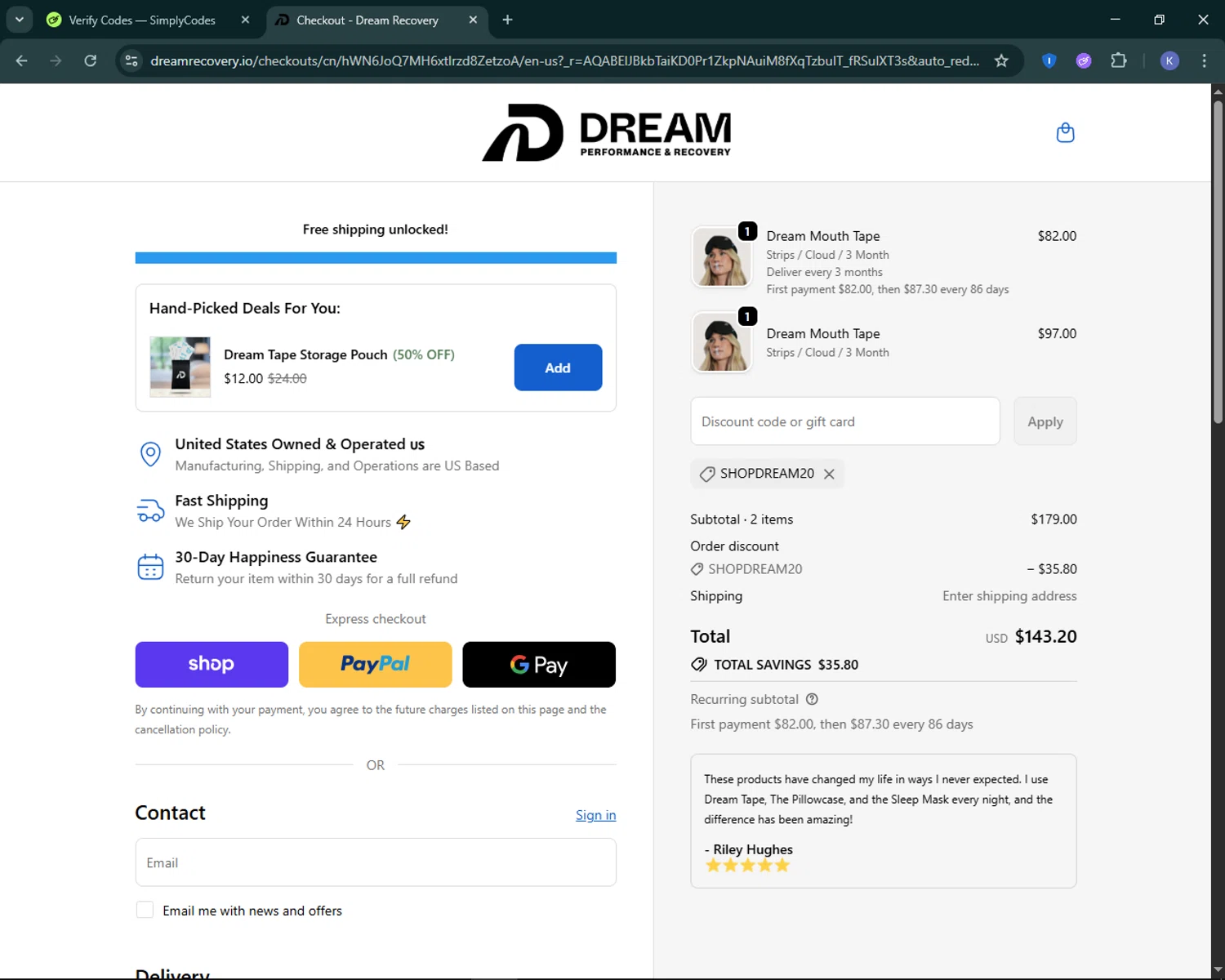 Dream Recovery discount code screenshot showing code SHOPDREAM20 applied at Dream Recovery checkout page. Uploaded by SimplyCodes community member KevLapage on Dec 11, 2025