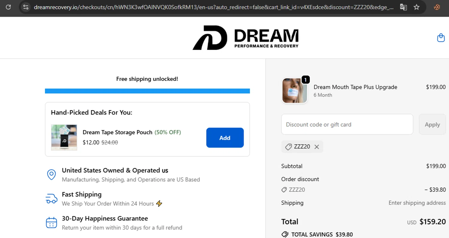 Dream Recovery discount code screenshot showing code ZZZ20 applied at Dream Recovery checkout page. Uploaded by SimplyCodes community member javierprez on Sep 23, 2025