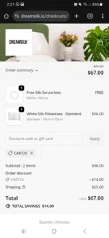 CART25 coupon verification screenshot