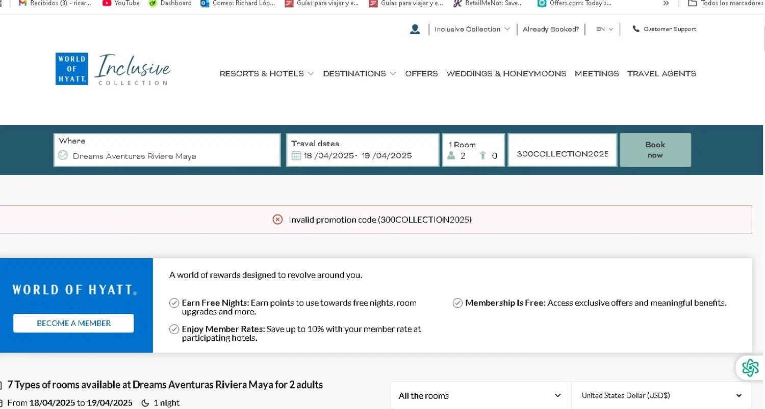 Dreams Resorts & Spas promo code screenshot showing code 300COLLECTION2025 applied at Dreams Resorts & Spas checkout page. Uploaded by SimplyCodes community member LAMINEJAMAL on Apr 14, 2025