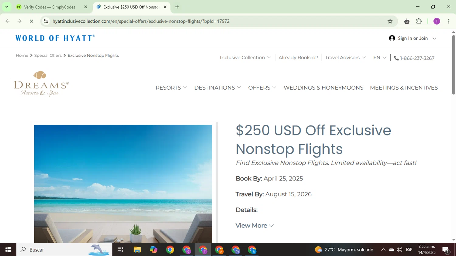 Dreams Resorts & Spas promo code screenshot showing code 300COLLECTION2025 applied at Dreams Resorts & Spas checkout page. Uploaded by SimplyCodes community member ThriftyCurator4085 on Apr 14, 2025