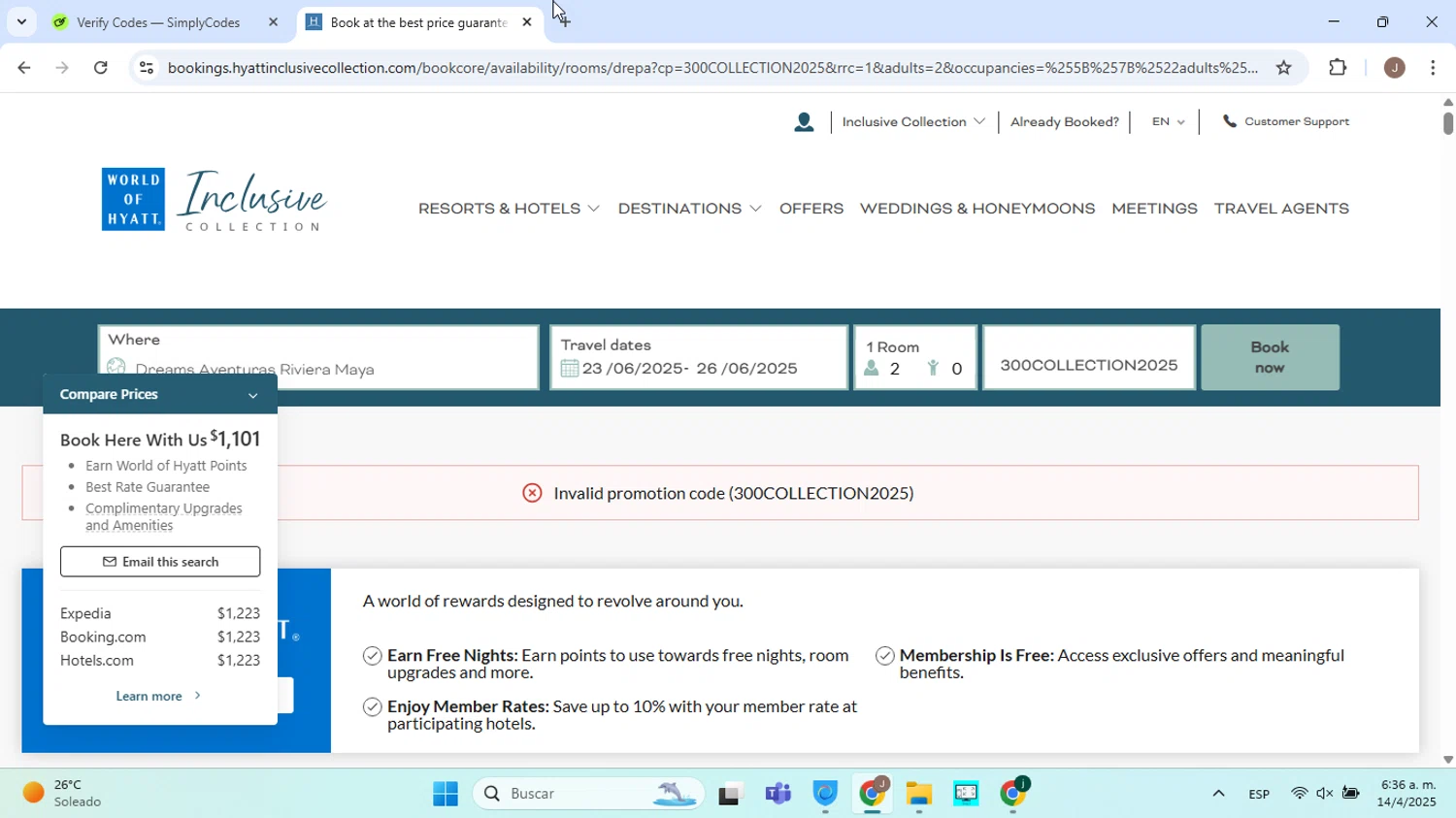 Dreams Resorts & Spas promo code screenshot showing code 300COLLECTION2025 applied at Dreams Resorts & Spas checkout page. Uploaded by SimplyCodes community member jorgejavierherrera on Apr 14, 2025