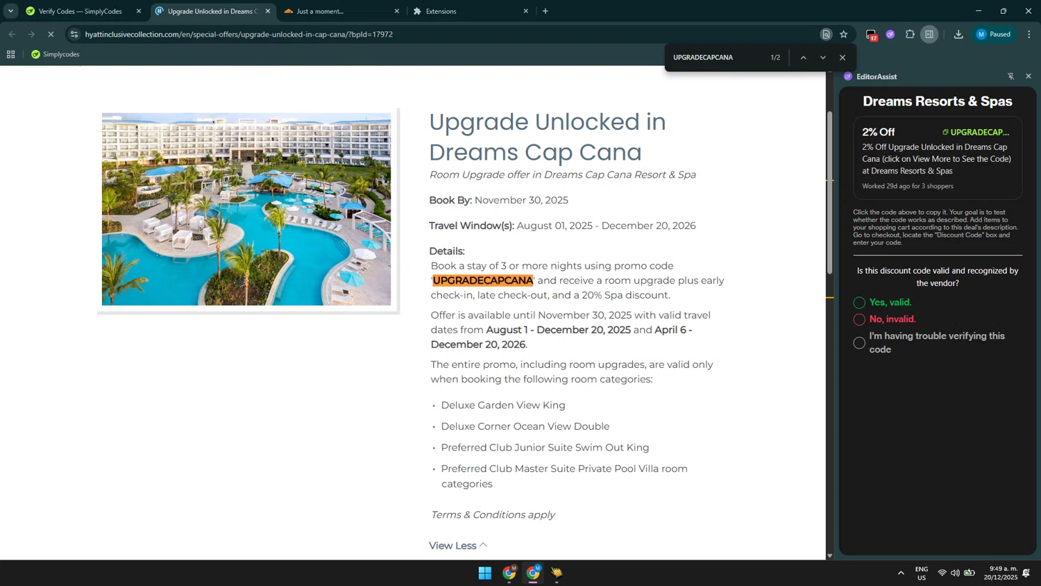 Dreams Resorts & Spas promo code screenshot showing code UPGRADECAPCANA applied at Dreams Resorts & Spas checkout page. Uploaded by SimplyCodes community member GloriousSaver4644 on Dec 20, 2025