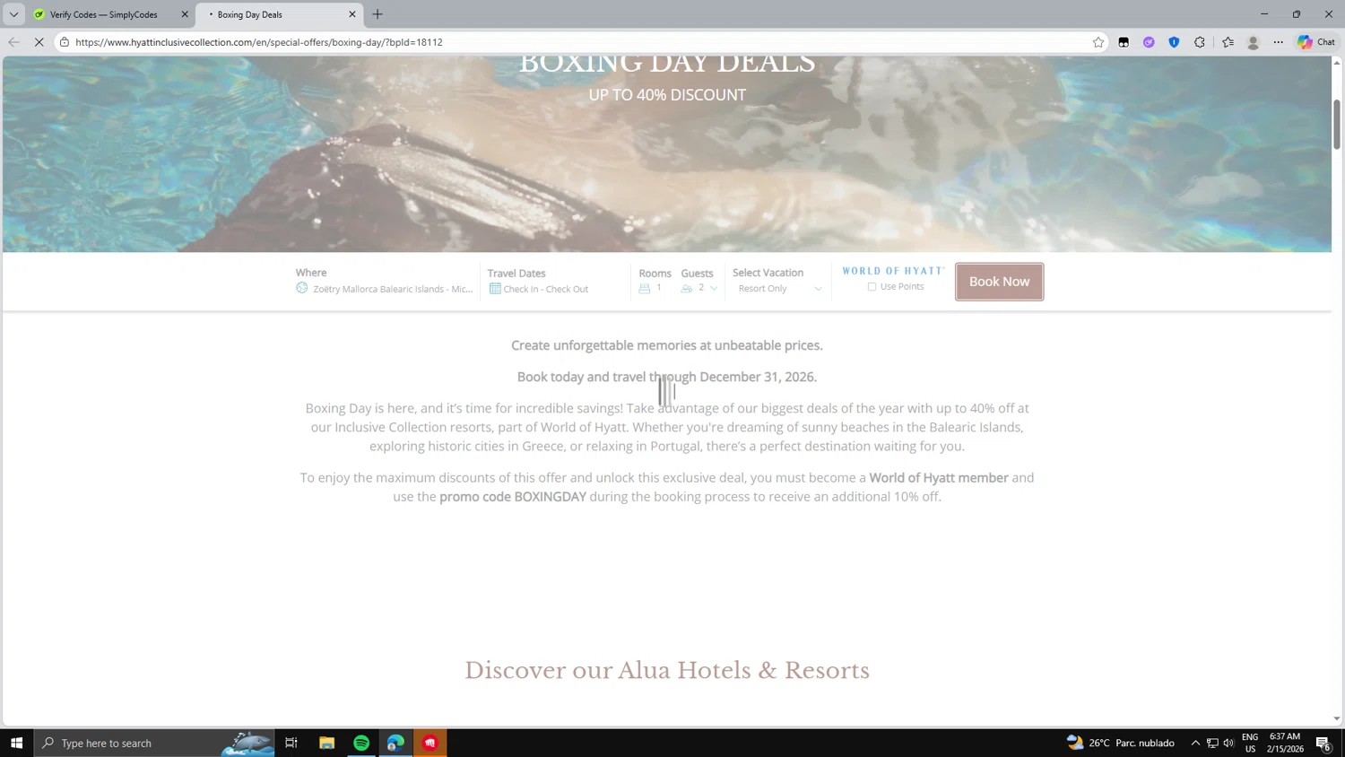 Dreams Resorts & Spas checkout page showing Dreams Resorts & Spas promo code box | Screenshot taken by SimplyCodes community member on Feb 15, 2026