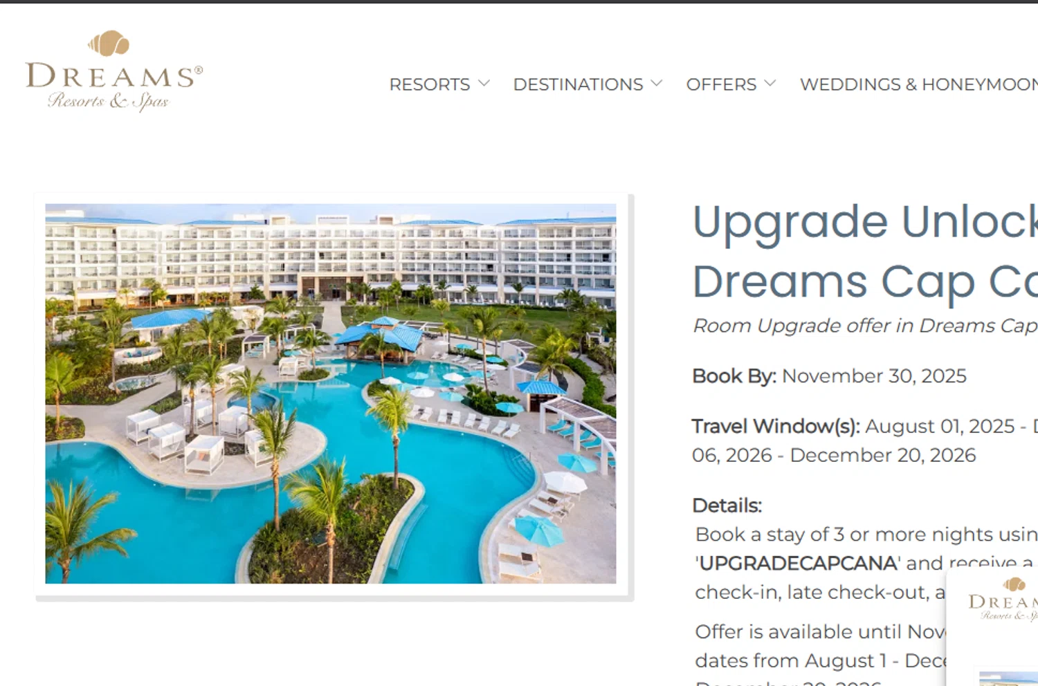 Dreams Resorts & Spas promo code screenshot showing code UPGRADECAPCANA applied at Dreams Resorts & Spas checkout page. Uploaded by SimplyCodes community member Dejadepicharme on Oct 24, 2025