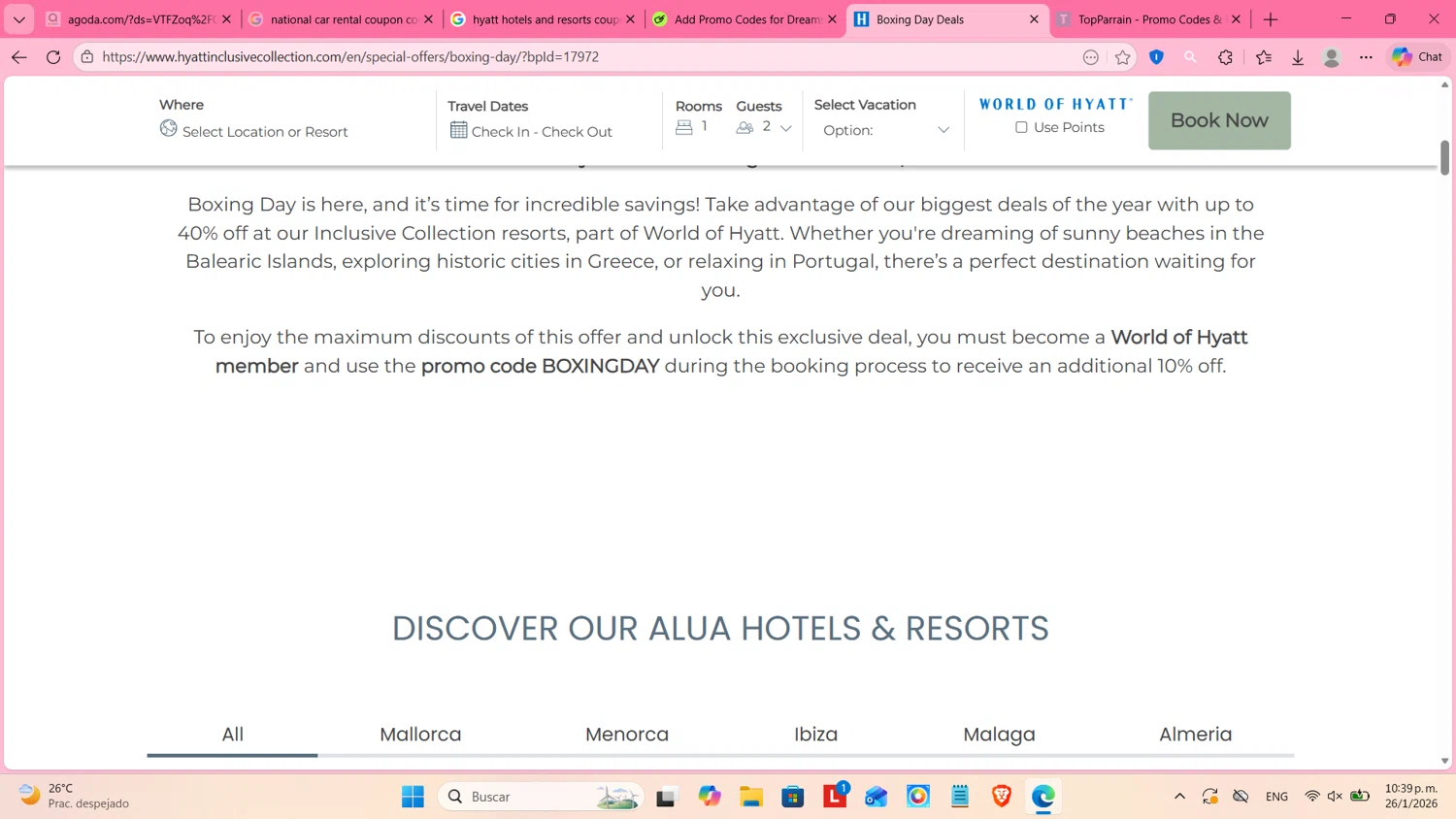 Dreams Resorts & Spas promo code screenshot showing code BOXlNGDAY applied at Dreams Resorts & Spas checkout page. Uploaded by SimplyCodes community member cosita on Jan 27, 2026