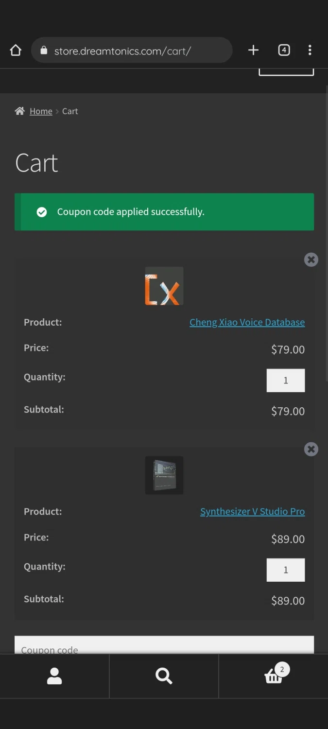 Dreamtonics checkout page showing Dreamtonics discount code box | Screenshot taken by SimplyCodes community member on Apr 20, 2023