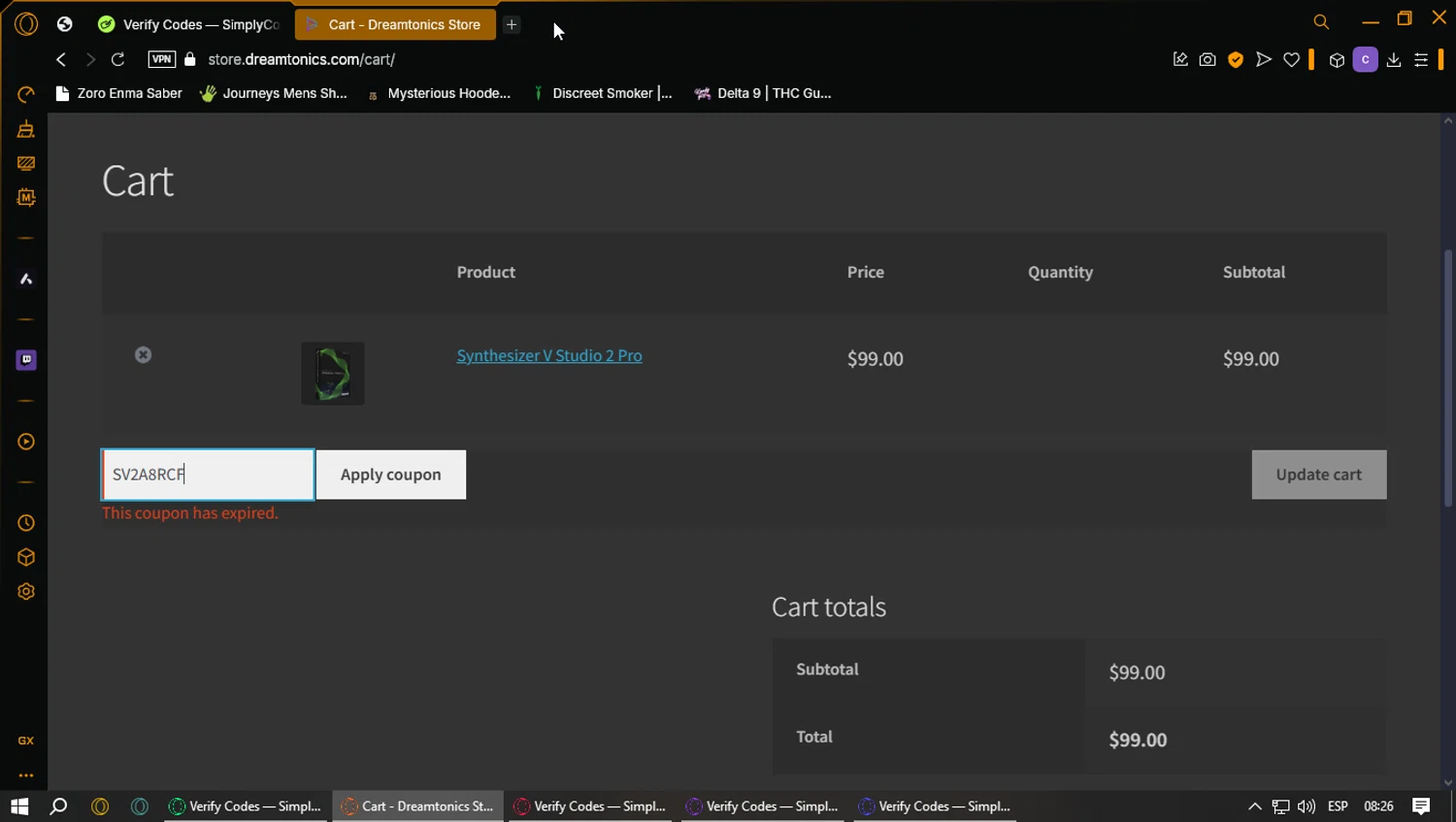 Dreamtonics discount code screenshot showing code SV2A8RCF applied at Dreamtonics checkout page. Uploaded by SimplyCodes community member ExtraordinaryPhoenix3689 on Mar 28, 2025