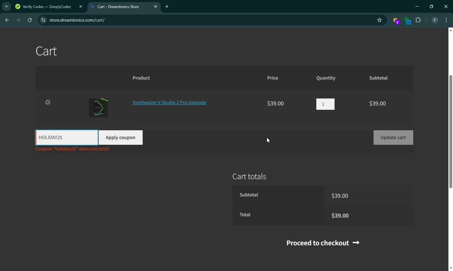 Dreamtonics discount code screenshot showing code HOLIDAY25 applied at Dreamtonics checkout page. Uploaded by SimplyCodes community member RewardLion6202 on Mar 26, 2025