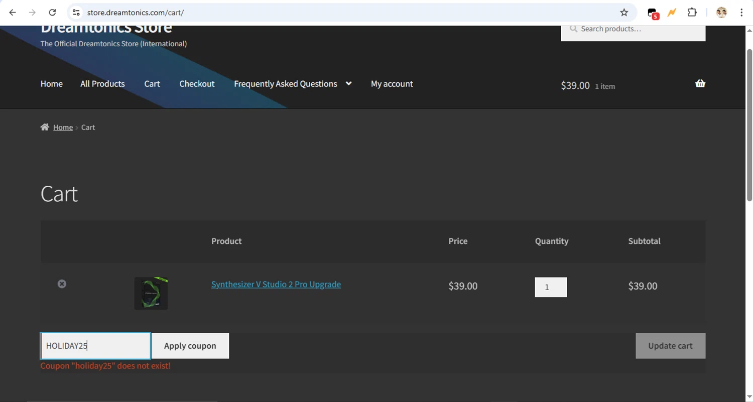 Dreamtonics discount code screenshot showing code HOLIDAY25 applied at Dreamtonics checkout page. Uploaded by SimplyCodes community member LegendaryTitan9160 on Mar 22, 2025