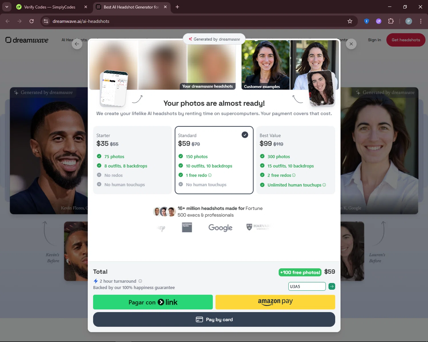 Dreamwave AI discount code screenshot showing code U3A5 applied at Dreamwave AI checkout page. Uploaded by SimplyCodes community member DiscountEagle6247 on Aug 7, 2025
