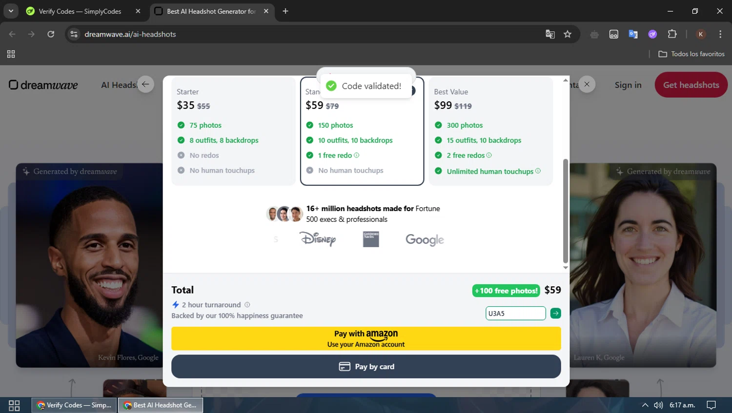 Dreamwave AI discount code screenshot showing code U3A5 applied at Dreamwave AI checkout page. Uploaded by SimplyCodes community member MoneyPioneer4925 on May 25, 2025