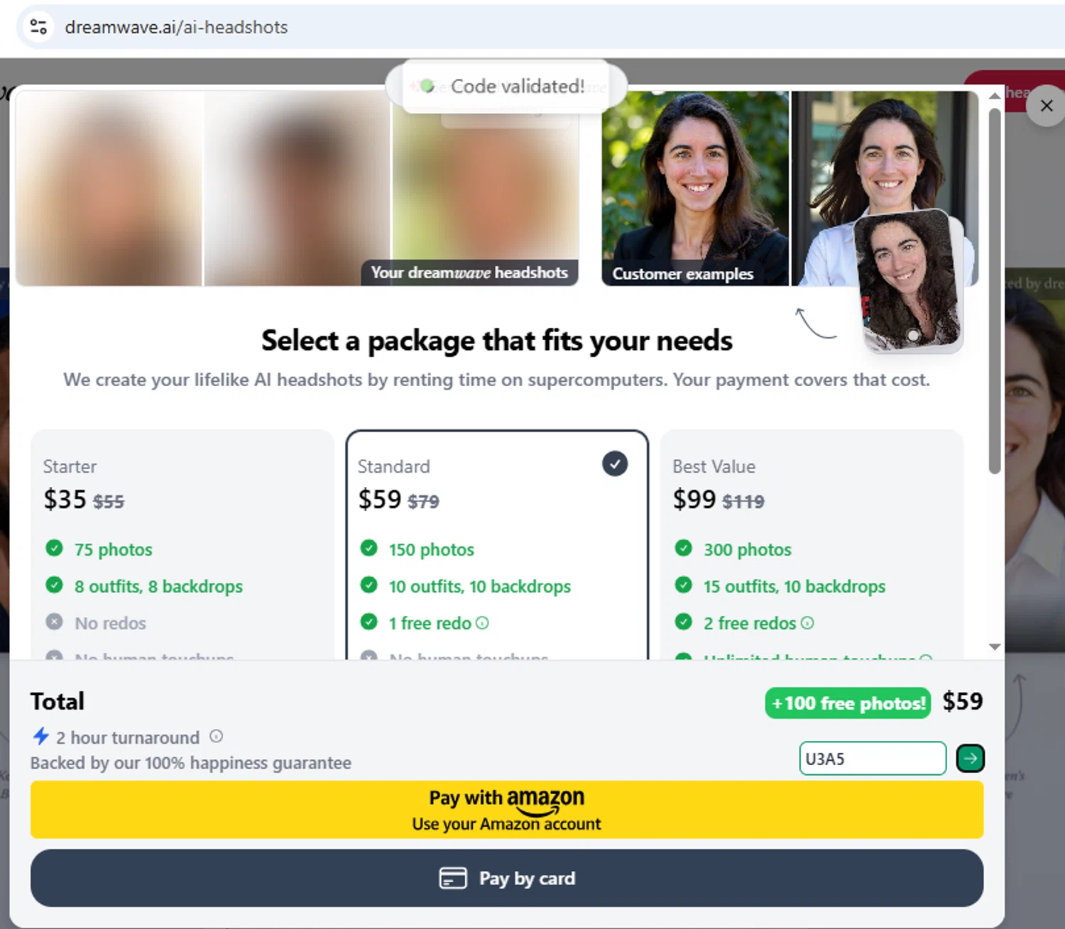Dreamwave AI discount code screenshot showing code U3A5 applied at Dreamwave AI checkout page. Uploaded by SimplyCodes community member gallantbotx on Jun 26, 2025