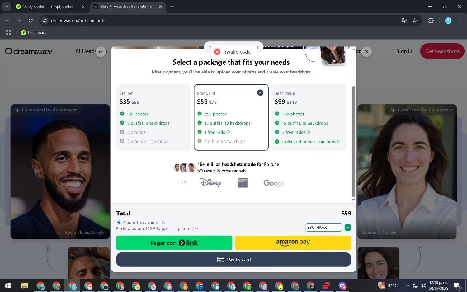 Dreamwave AI discount code screenshot showing code 2BCTHKHX applied at Dreamwave AI checkout page. Uploaded by SimplyCodes community member WonderGenius7678 on Mar 20, 2025