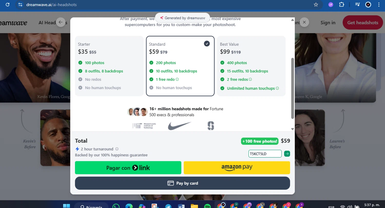 Dreamwave AI discount code screenshot showing code T5KCT5LD applied at Dreamwave AI checkout page. Uploaded by SimplyCodes community member FrugalVirtuoso6318 on Apr 7, 2025