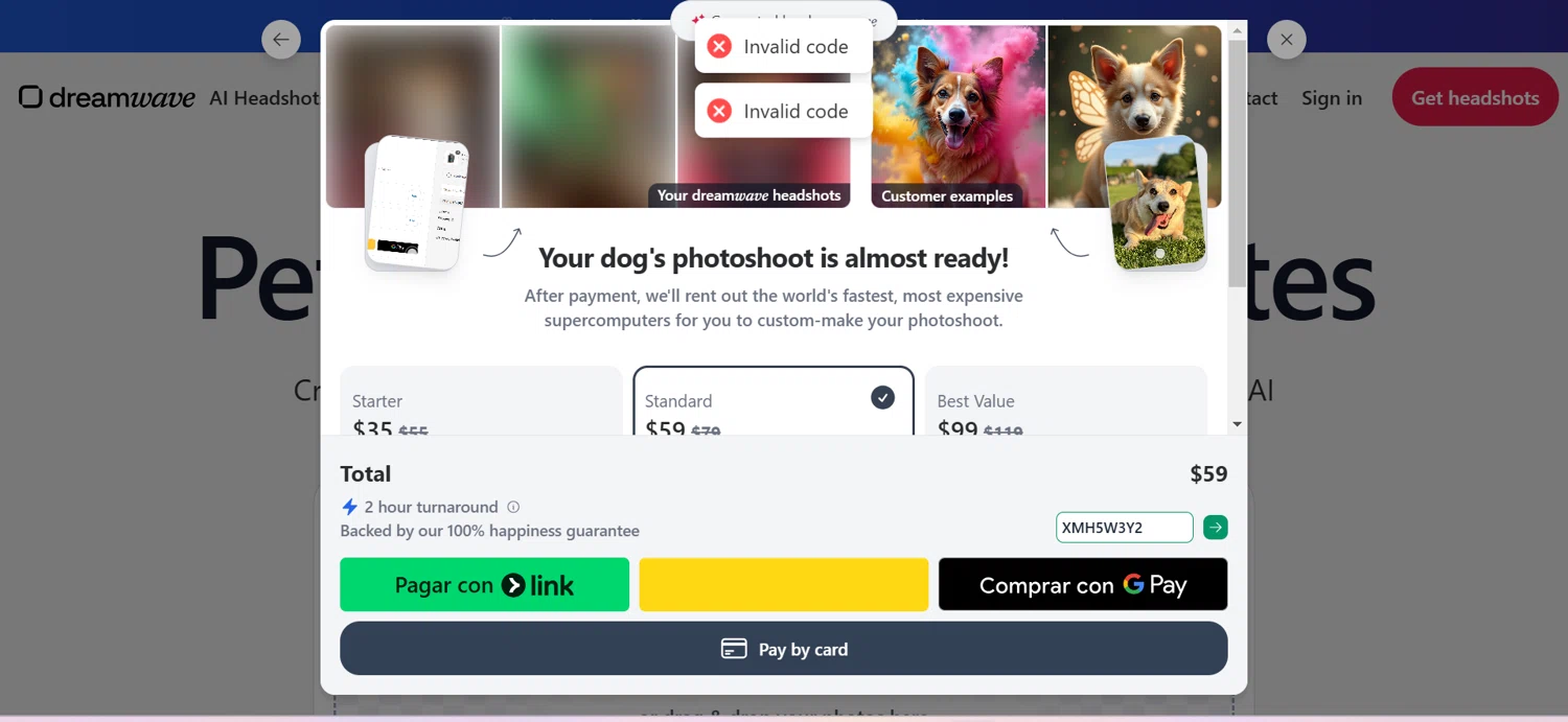 Dreamwave AI discount code screenshot showing code XMH5W3Y2 applied at Dreamwave AI checkout page. Uploaded by SimplyCodes community member Sebastiangil on Jan 17, 2025