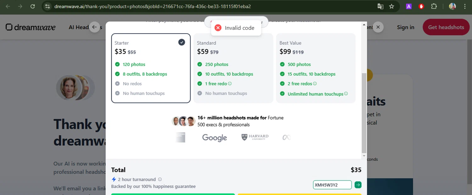 Dreamwave AI discount code screenshot showing code XMH5W3Y2 applied at Dreamwave AI checkout page. Uploaded by SimplyCodes community member BrilliantFox7966 on Feb 7, 2025