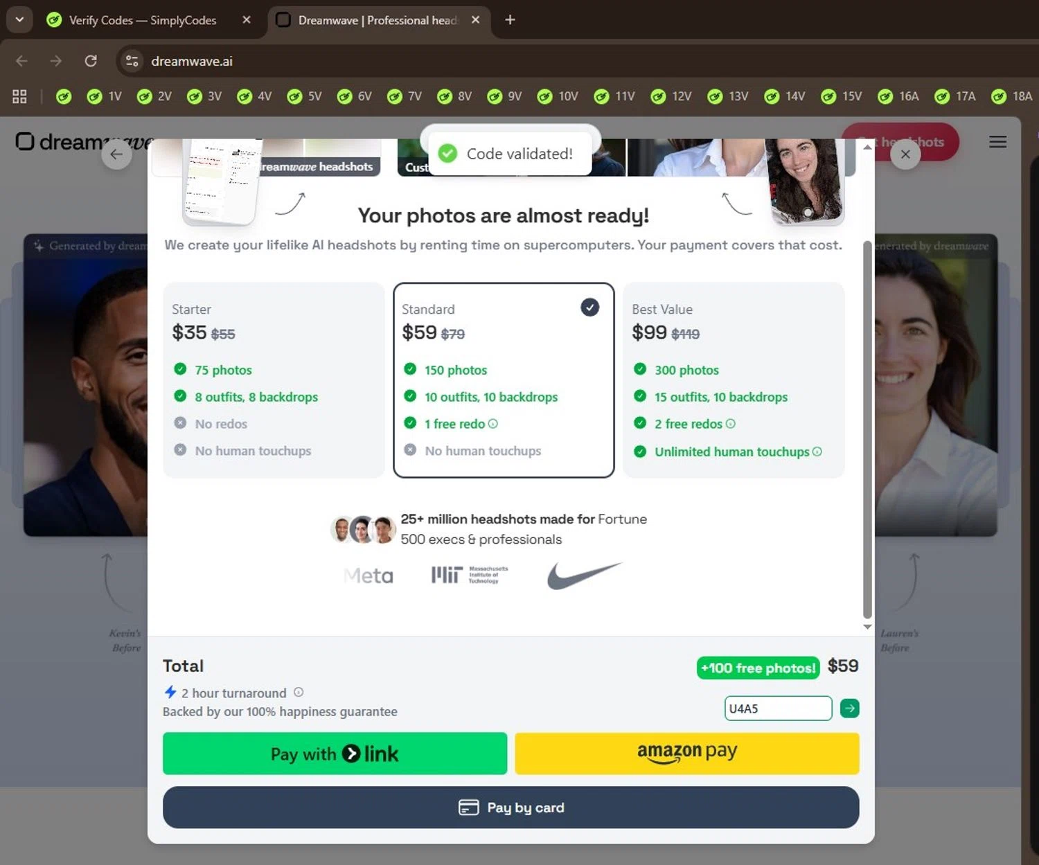 Dreamwave AI discount code screenshot showing code U4A5 applied at Dreamwave AI checkout page. Uploaded by SimplyCodes community member Locura on Dec 23, 2025