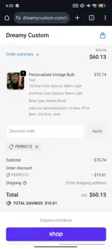PERRO15 coupon verification screenshot