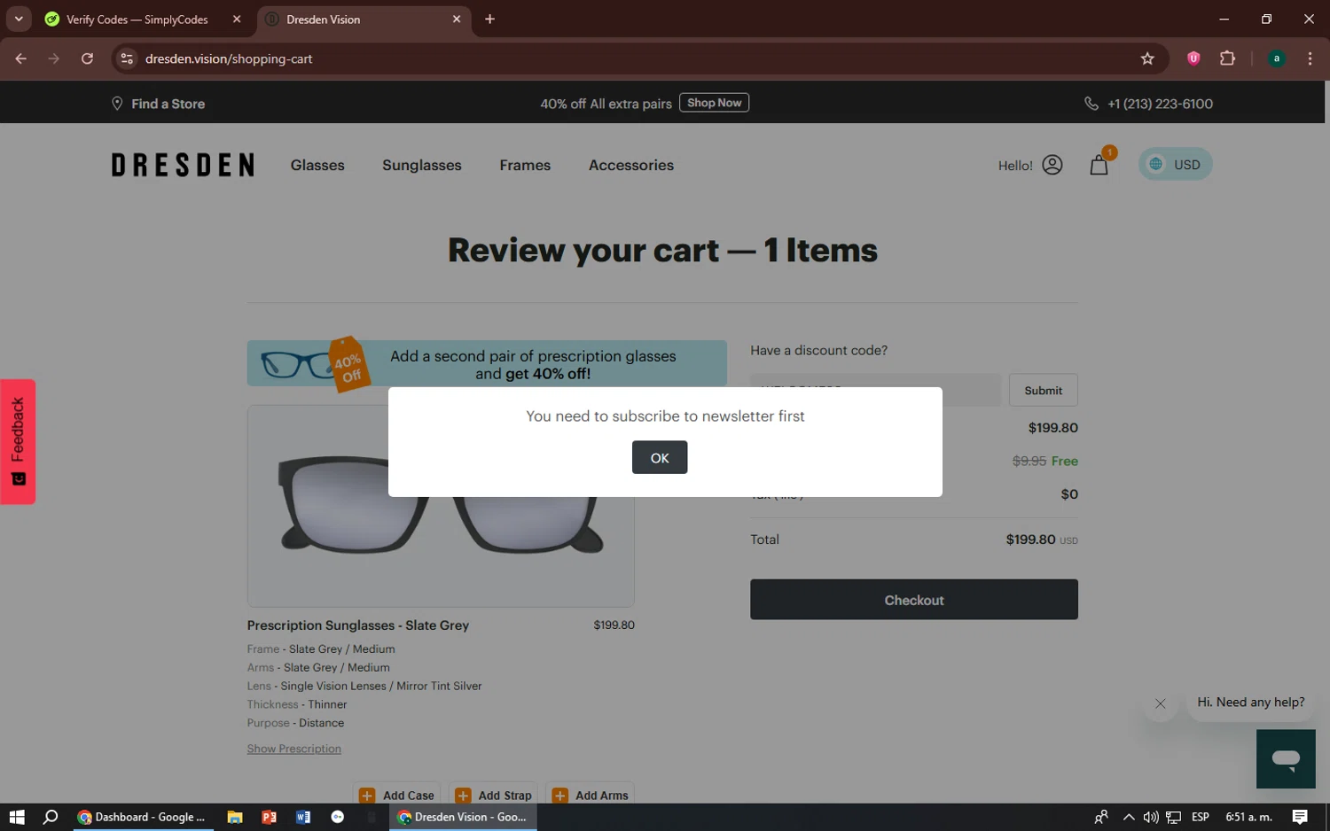 Dresden Vision promo code screenshot showing code WELCOME30 applied at Dresden Vision checkout page. Uploaded by SimplyCodes community member zizu55 on Jul 15, 2025