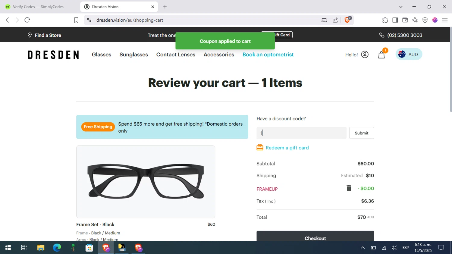Dresden Vision promo code screenshot showing code frameup applied at Dresden Vision checkout page. Uploaded by SimplyCodes community member Pitochu on May 15, 2025