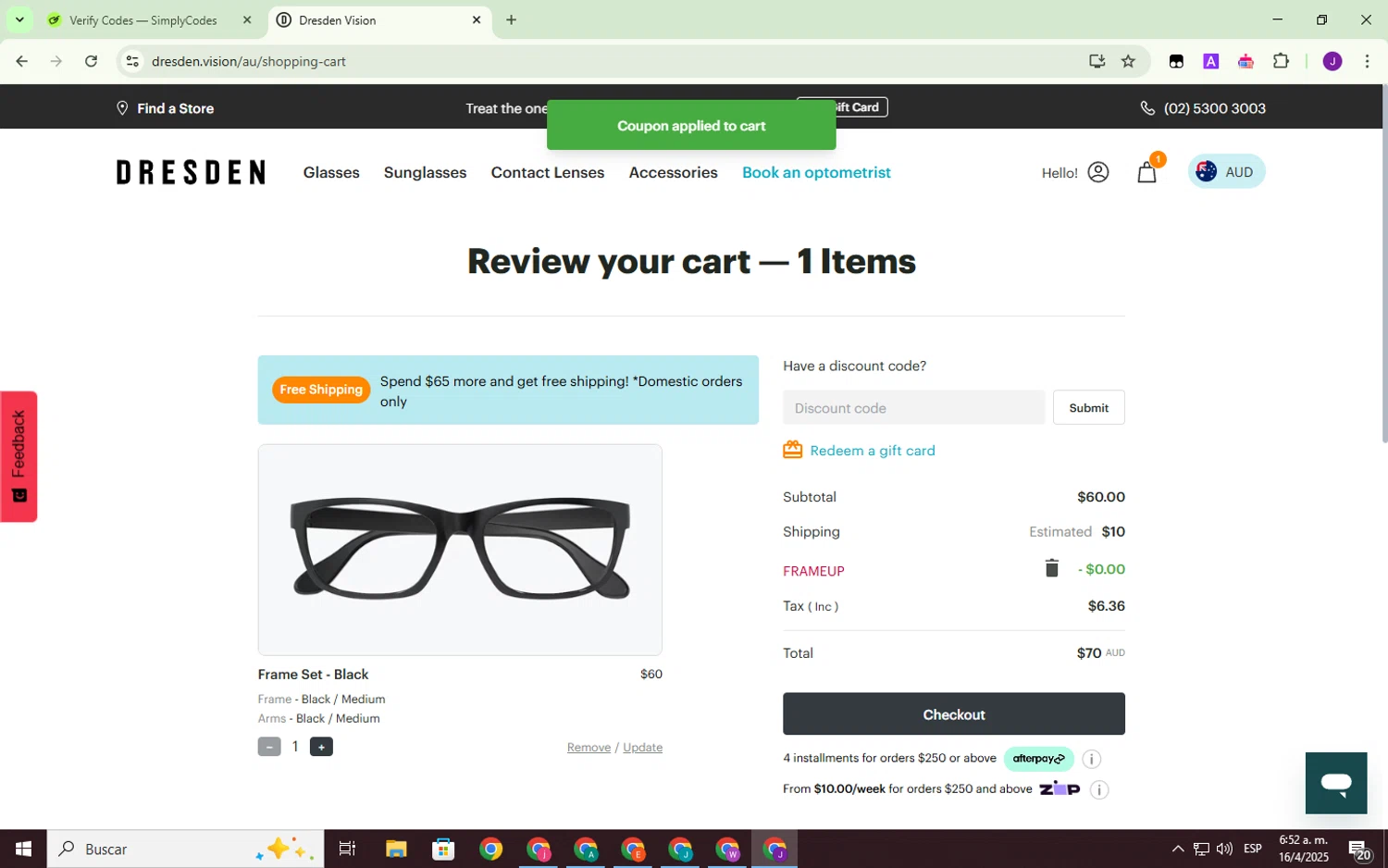 Dresden Vision promo code screenshot showing code frameup applied at Dresden Vision checkout page. Uploaded by SimplyCodes community member SmartWhiz1165 on Apr 16, 2025