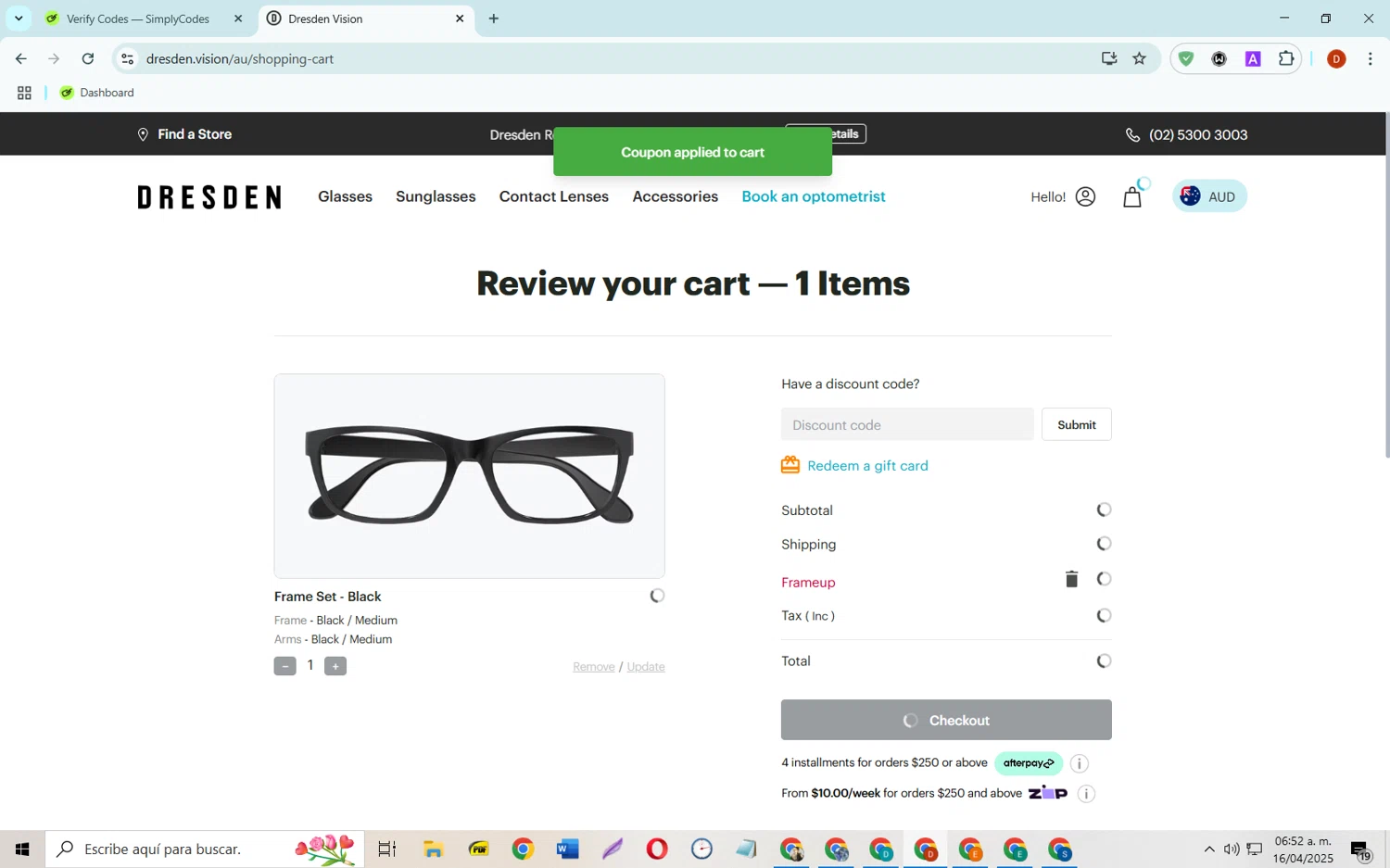 Dresden Vision promo code screenshot showing code frameup applied at Dresden Vision checkout page. Uploaded by SimplyCodes community member SaleSaver3540 on Apr 16, 2025