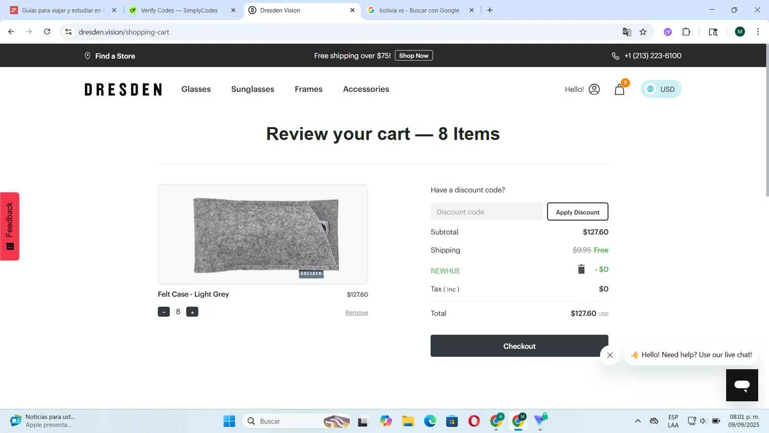 Dresden Vision checkout page showing Dresden Vision promo code box | Screenshot taken by SimplyCodes community member on Sep 10, 2025